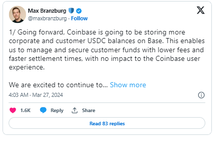 Coinbase推出Base平台加速USDC铸造，并展望去中心化应用的未来
